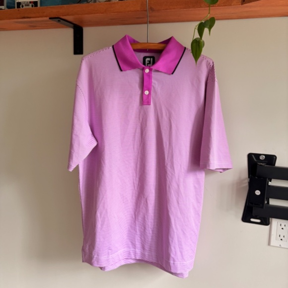 FJ Golf Polo Men's Large Pink White strips lightweight Golf shirt polyester - Picture 2 of 8